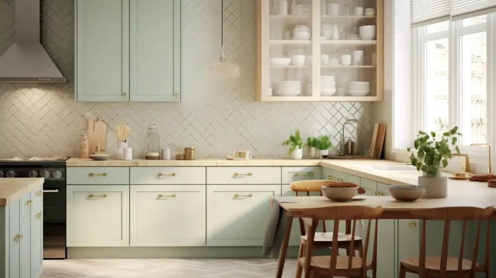 Small kitchen with light-colored tile flooring and backsplash